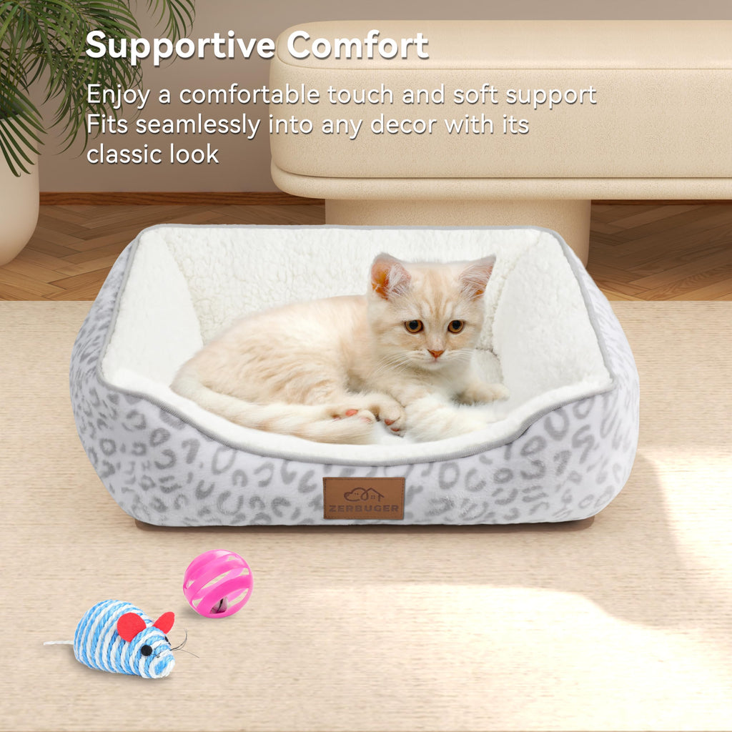 Zerbuger Rectangle Cat Dog Bed for Large Medium Small Pets Indoor Outdoor Machine Washable Sleeping Sofa Non-Slip Bottom Soft Puppy Bed Durable Orthopedic Calming Pet Cuddler (Small, White Leopard)