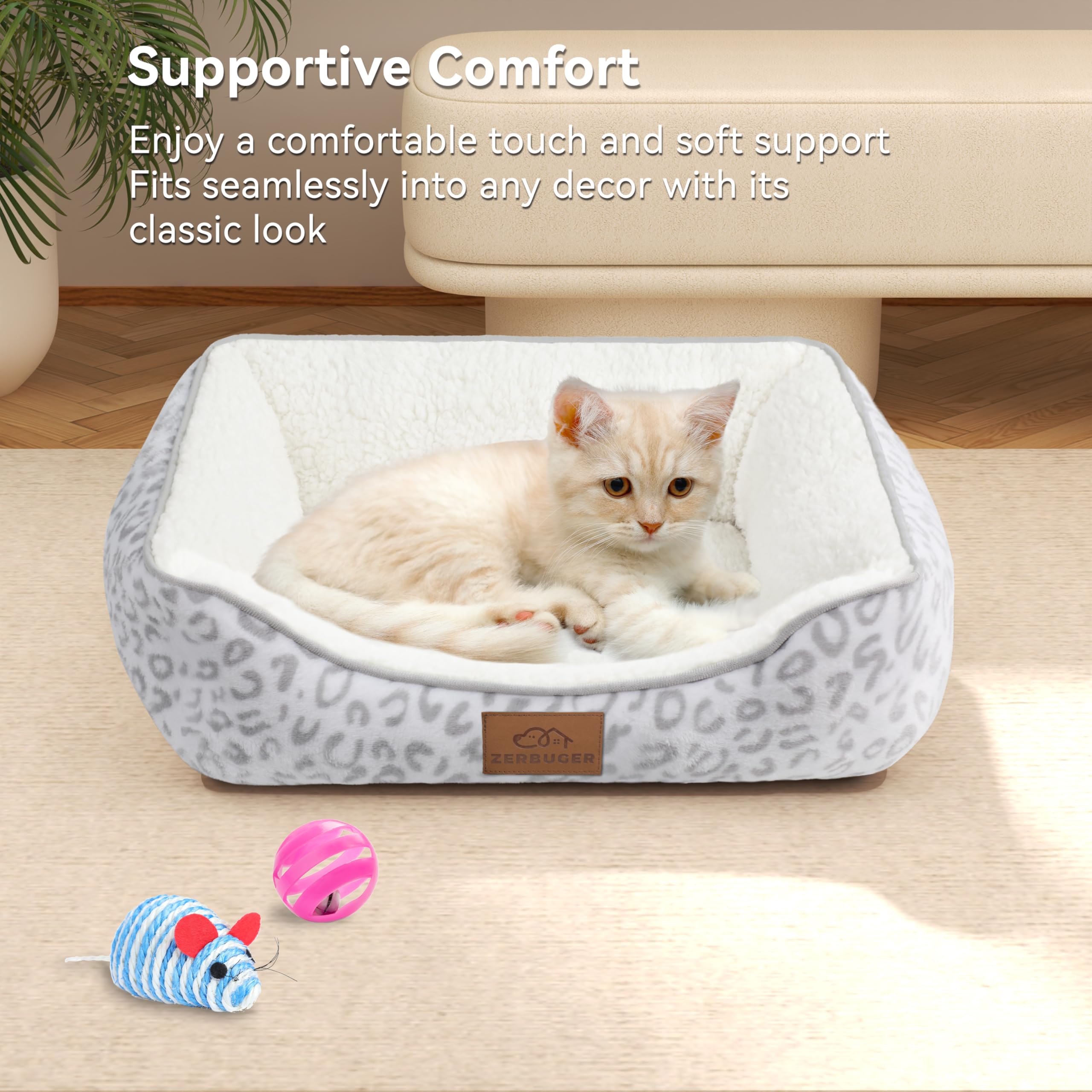 Zerbuger Rectangle Cat Dog Bed for Large Medium Small Pets Indoor Outdoor Machine Washable Sleeping Sofa Non-Slip Bottom Soft Puppy Bed Durable Orthopedic Calming Pet Cuddler (Small, White Leopard)