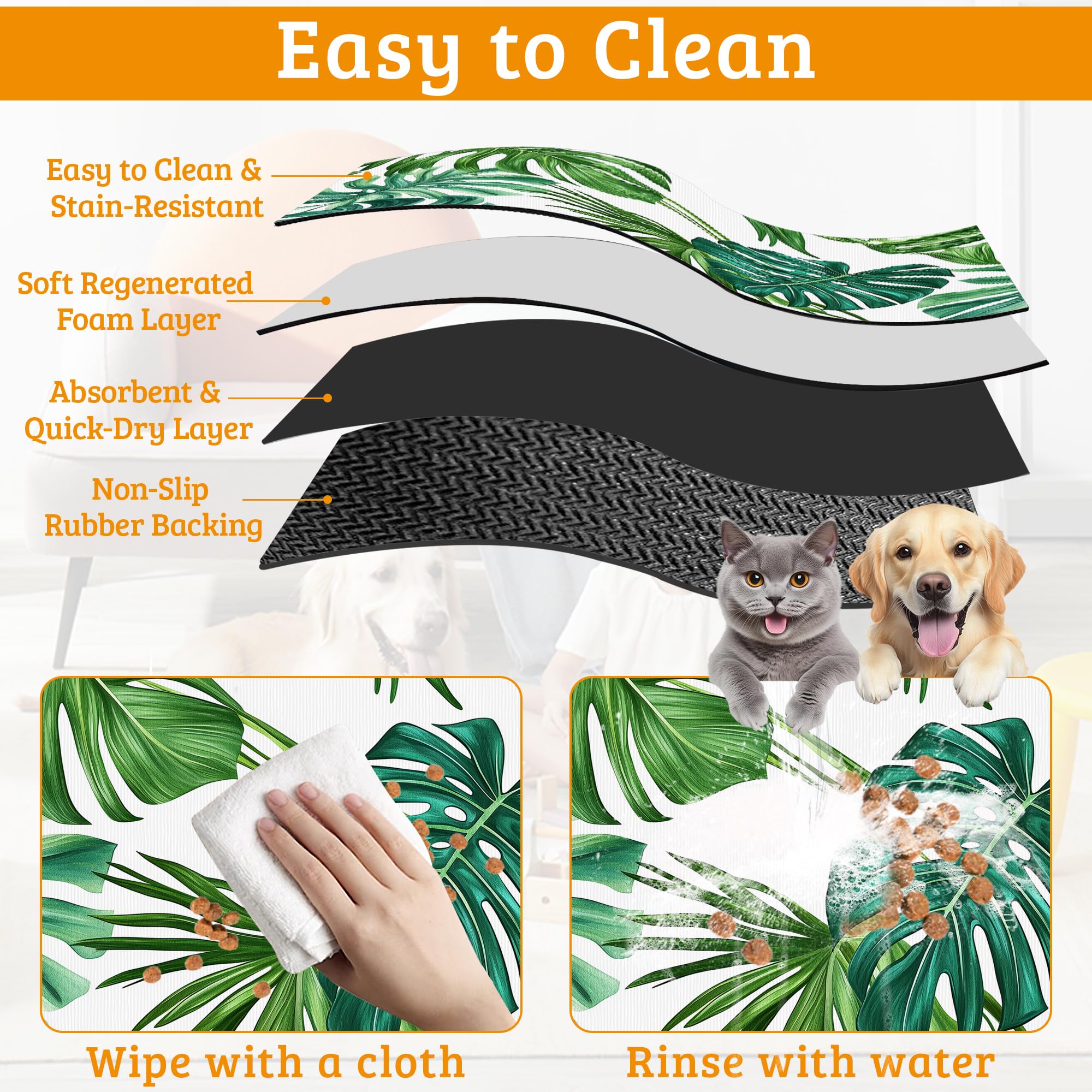 Dog Bowl Mat,Leaves Pet Feeding Mat for Floors Waterproof,Tropical Palm Absorbent Dogs Placemat for Food and Water Quick Dry Pet Cat Feeding Mats with Non Slip Bottom 16" x 24"