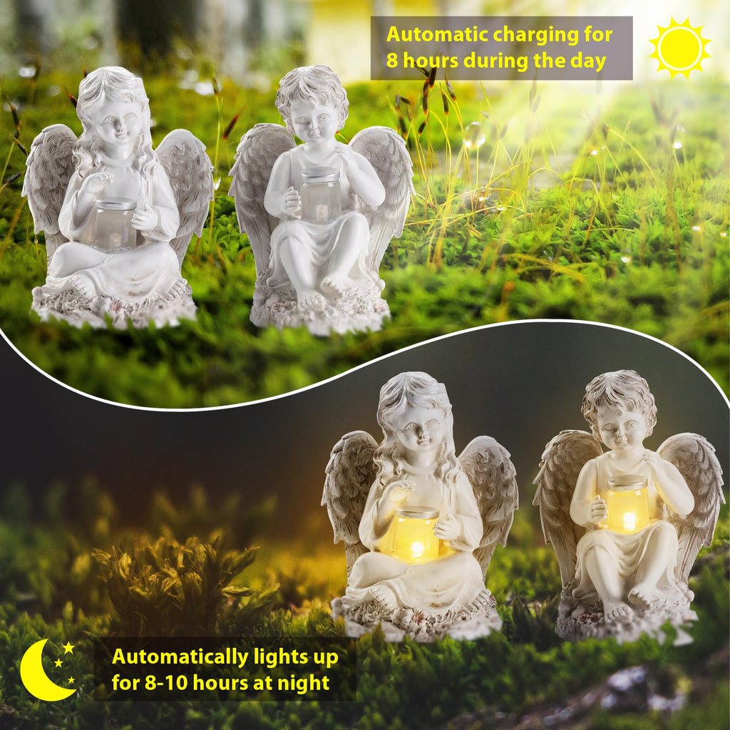2 Pack Outdoor Angel Statue Garden Decor, Classic Solar Angel Figurine Decoration for Yard Art Indoor Porch Home Lawn Outside Light up Cherub Sculpture Guardian Wings Angel Memorial Gifts Christmas