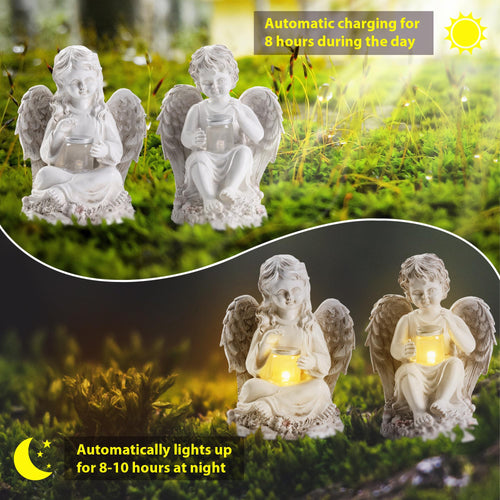 2 Pack Outdoor Angel Statue Garden Decor, Classic Solar Angel Figurine Decoration for Yard Art Indoor Porch Home Lawn Outside Light up Cherub Sculpture Guardian Wings Angel Memorial Gifts Christmas