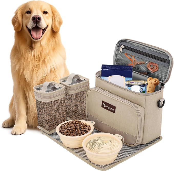 Modoker Large Dog Travel Bag Set with 2 Bowls and Food Bags, 17L Black
