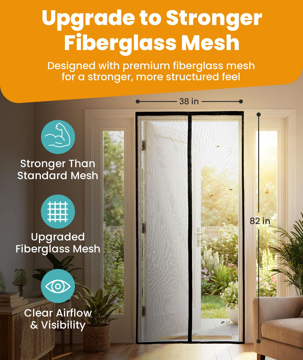 Flux Phenom Heavy Duty Fiberglass Magnetic Screen Door 38 x 82 Inch - Bugs Out, Breeze in - 9min Install Auto-Sealing Double Stitched Mesh, 52 Magnets, Hands Free for Patio Doors, Pet & Kid Friendly