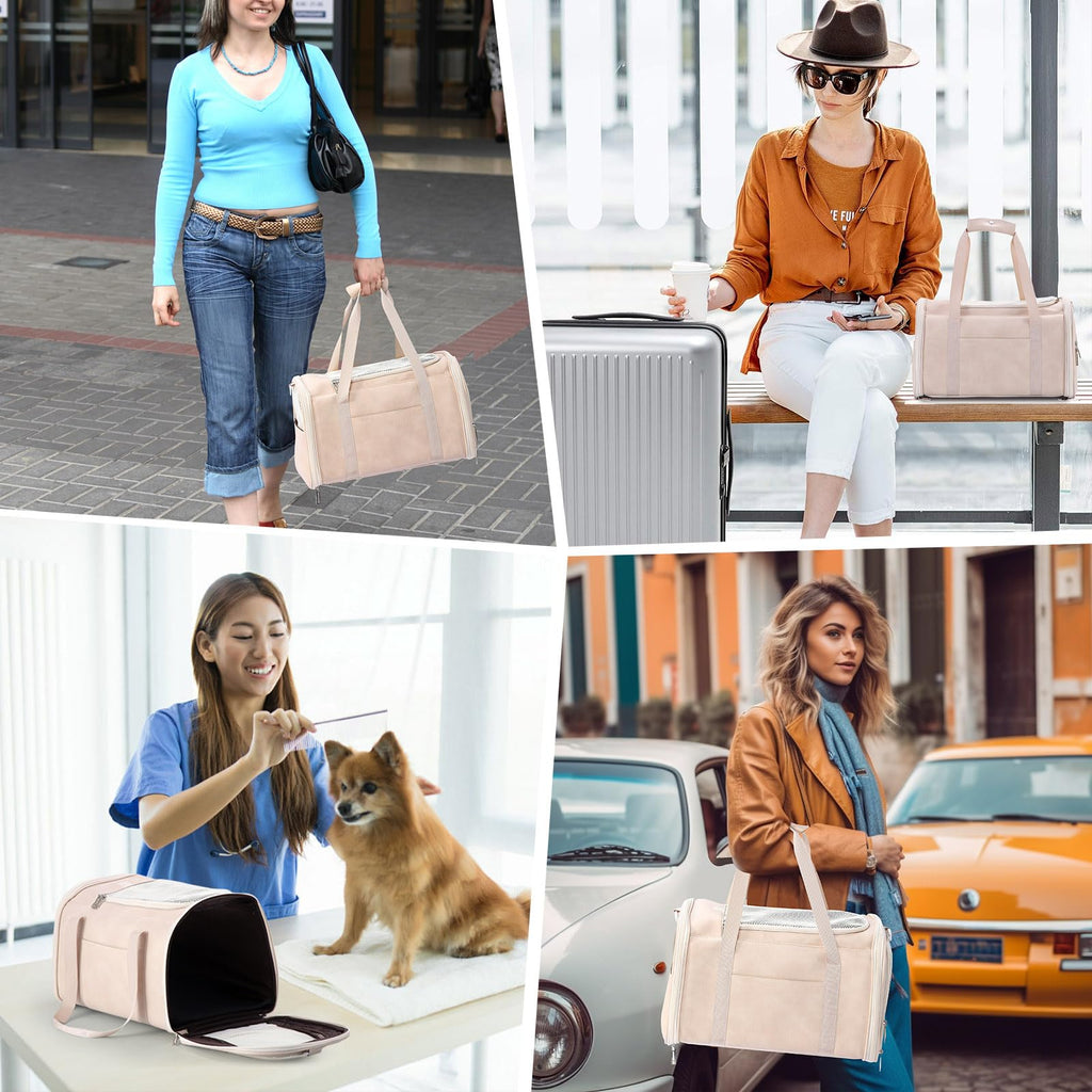 Lasaviin Fashion Leather Dog Carrier Cat Carrier Airline Approved Pet Carrier for Small Medium Dogs Cats Under 15Lbs, Collapsible Soft Sided Travel Puppy Carrier White