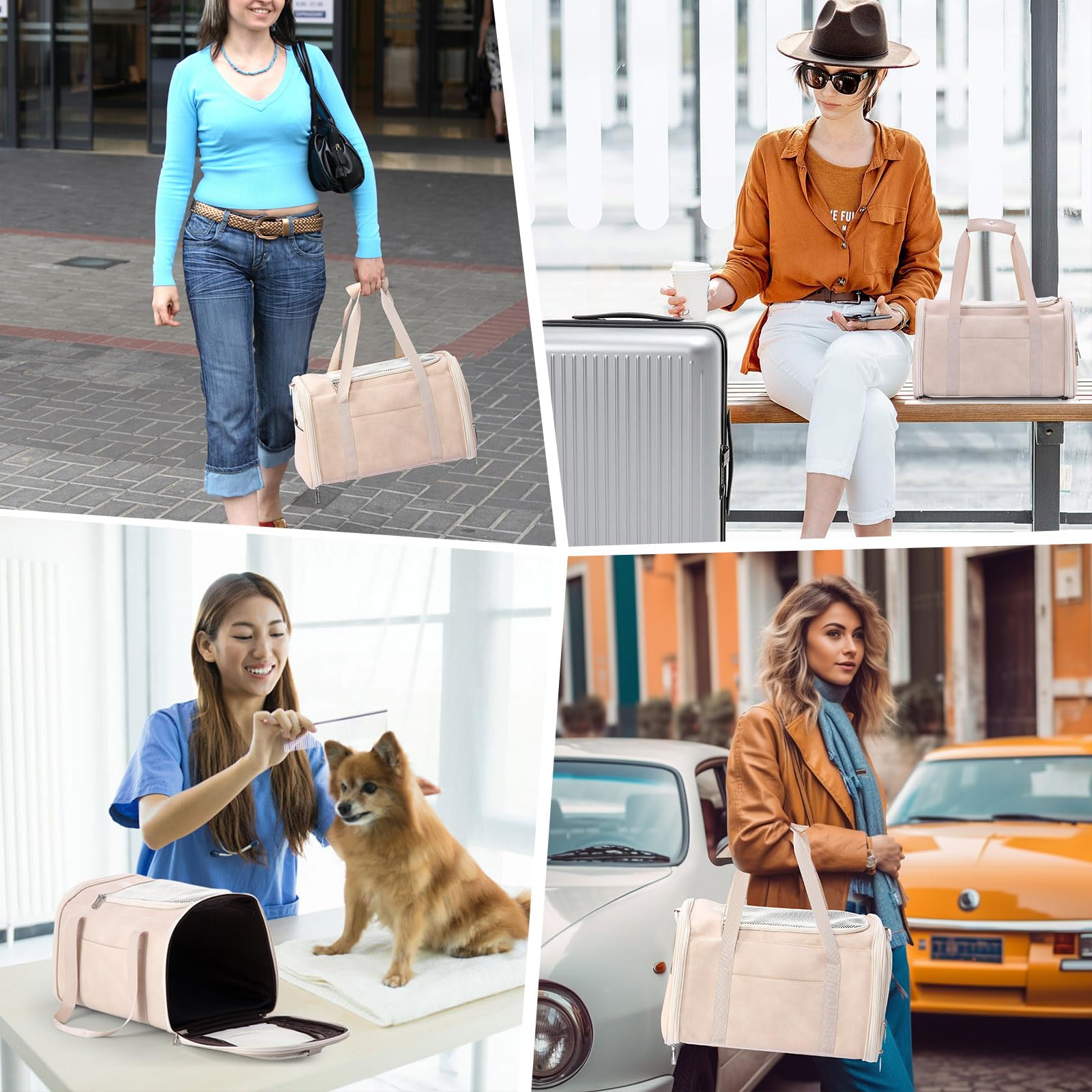 Lasaviin Fashion Leather Dog Carrier Cat Carrier Airline Approved Pet Carrier for Small Medium Dogs Cats Under 15Lbs, Collapsible Soft Sided Travel Puppy Carrier White