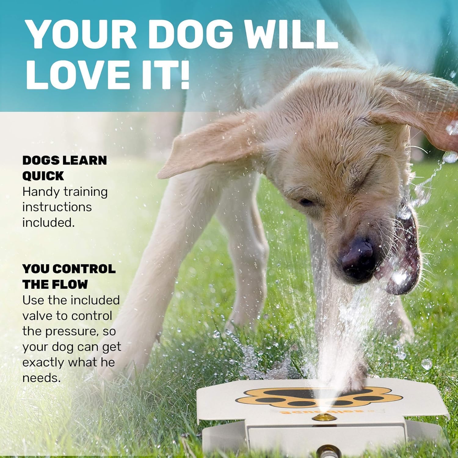 Scuddles Dog Sprinkler, Paw Activated Water Fountain, Outdoor Dog Water Sprinkler with Copper Valve, Easy Step-On Pedal, Perfect For Dogs to Stay Cool and Hydrated, Hose Attachment and Training Guide,