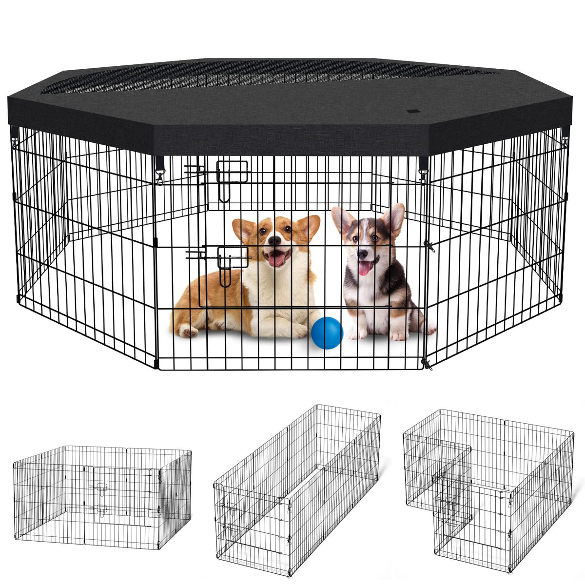 36"H Dog Playpen with Top Cover, 8 Panel 24"W Rustproof Metal Pen with Door