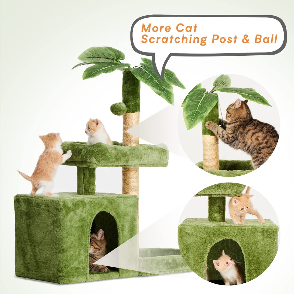 TSCOMON 31.5in Multi-Level Cat Tower with Sisal Scratching Posts, Hidden Cave & Perch Platform, Large Cat Condo for 1-3 Cats, Eco-Friendly Pet Furniture with Realistic Leaves, Green