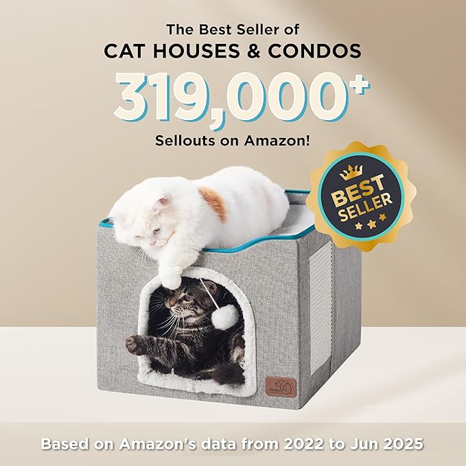 Bedsure Cat House Bed for Indoor Cats with Fluffy Ball and Scratch Pad