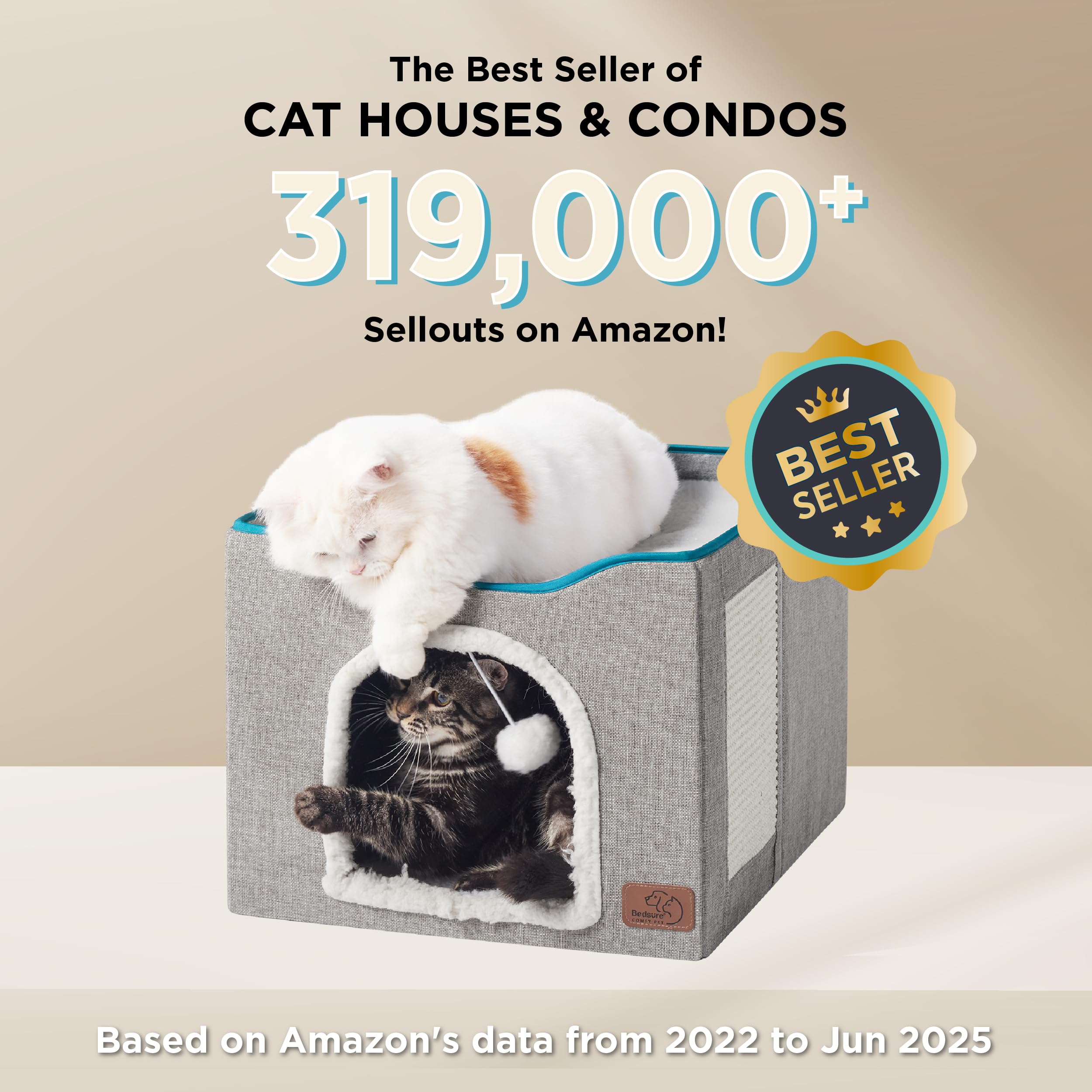 Bedsure Cat House Bed for Indoor Cats with Fluffy Ball and Scratch Pad,Grey