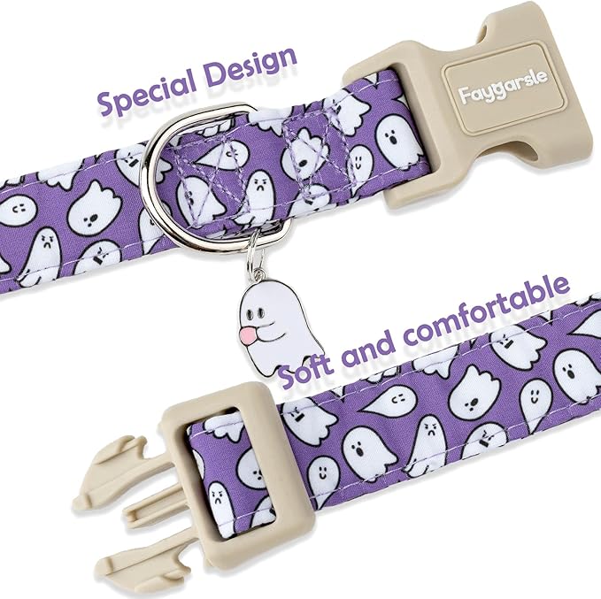 Faygarsle Halloween Dog Collar with Charm, Purple with Ghost Pattern, for Small Medium Large Dogs, S