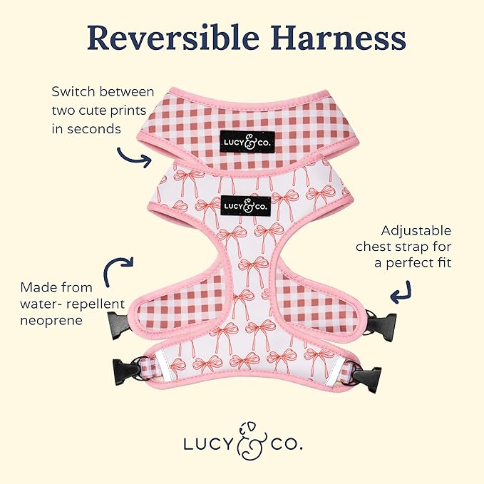 Lucy & Co. Reversible Dog Harness - Water-Repellent Neoprene, Dual-Print Design, Easy Swap Style, Adjustable Comfort Fit - Take a Bow Reversible Harness - Medium