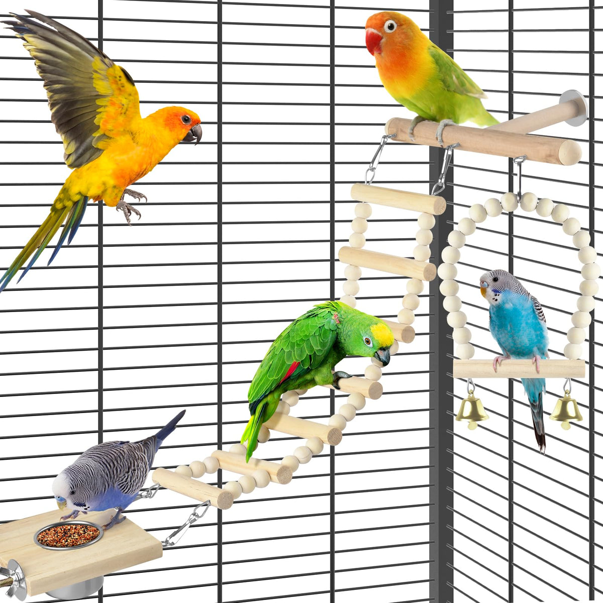 DBNESS 5in1 Bird Toys, Birdie Perches Platform Swing with Stainless Steel Feeding Cup Climbing Ladder, Wooden Play Gym for Cockatiels Lovebirds Budgies Pacific Parrotlets Finch Canaries