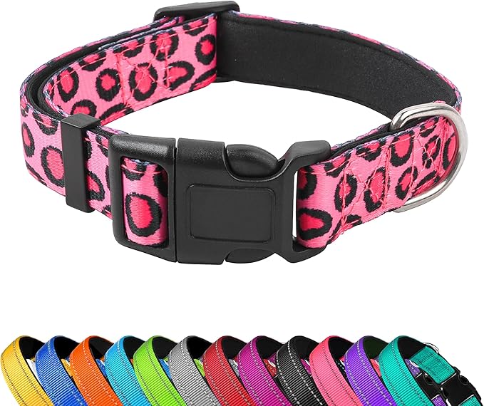 PWOD Reflective Dog Collar, Adjustable Soft Neoprene Padded Nylon Pet Collars with Buckle for Puppy and Small Dogs, Cats, Leopard Pink,L
