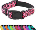 PWOD Reflective Dog Collar, Adjustable Soft Neoprene Padded Nylon Pet Collars with Buckle for Puppy and Small Dogs, Cats, Leopard Pink,L