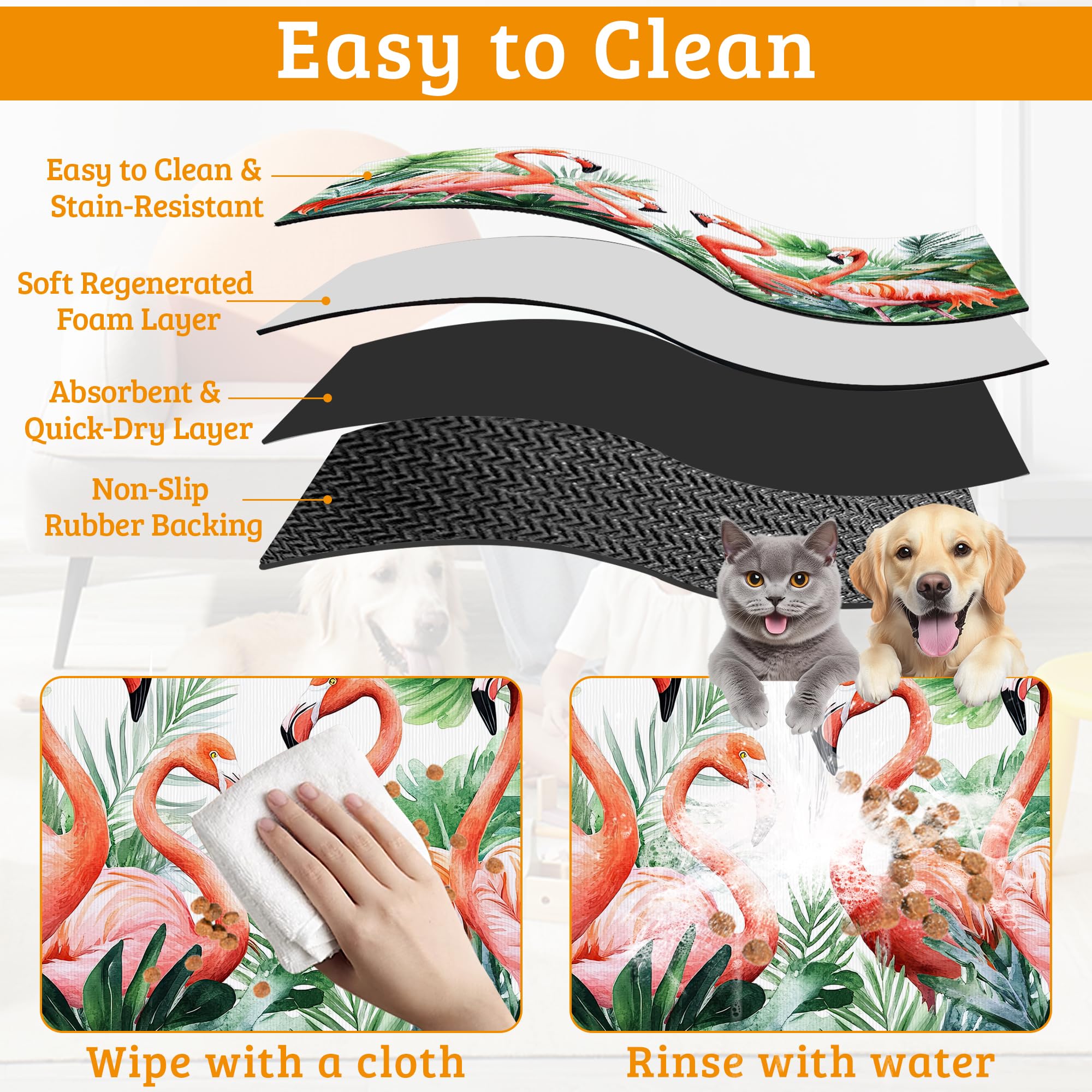 Pink Flamingo Dog Food Mat,Plam Leaves Absorbent Pet Feeding Mat for Food and Water Bowl,Quick Dry Dog Placemat Non Slip Rubber Backing Waterproof Pet Supplies 16" x 24"