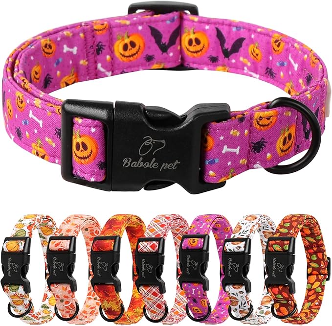 Halloween Dog Collar, Cute Pumpkin Bat Pattern Halloween Purple Puppy Collar, Soft Adjustable Cotton Dog Collars for Small Medium Large Boy&Girl Dogs L