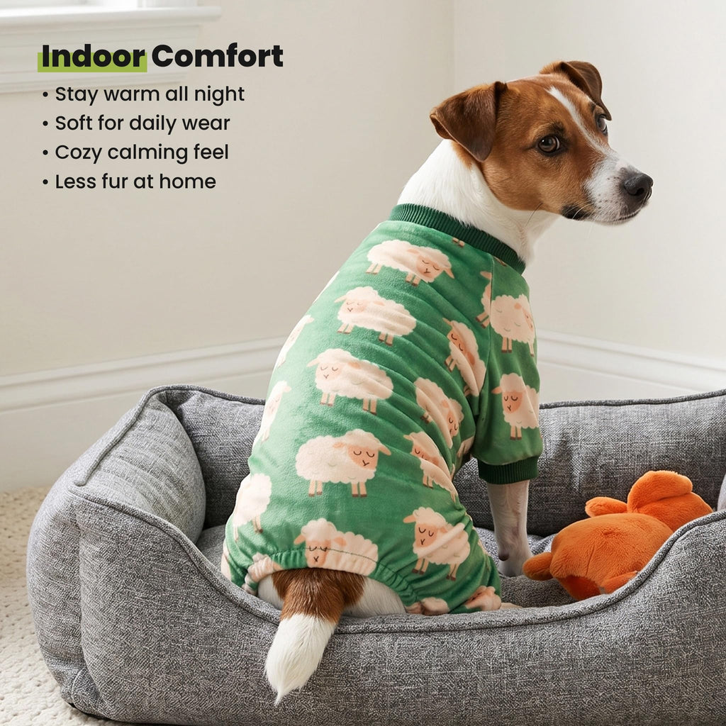 Fitwarm Funny Sheep Dog Pajamas, Warm Winter Dog Clothes for Small Dogs Boy Girl, Cozy Pet Onesie with Feet, Green, White, XS