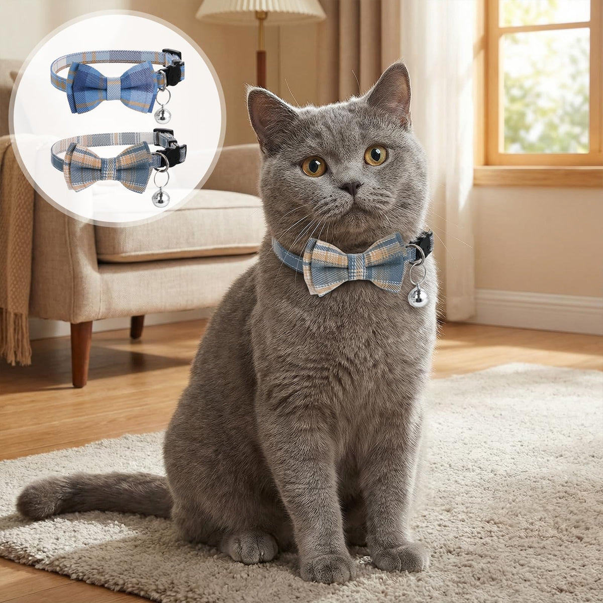 Xyembu 2Pcs Cat Collar Breakaway, Cute Plaid Cats Collar with Bells Soft Adjustable Kitten Accessories, Cat Bowtie Collar with Cat Buckle for Kitten Puppy and Small Pets