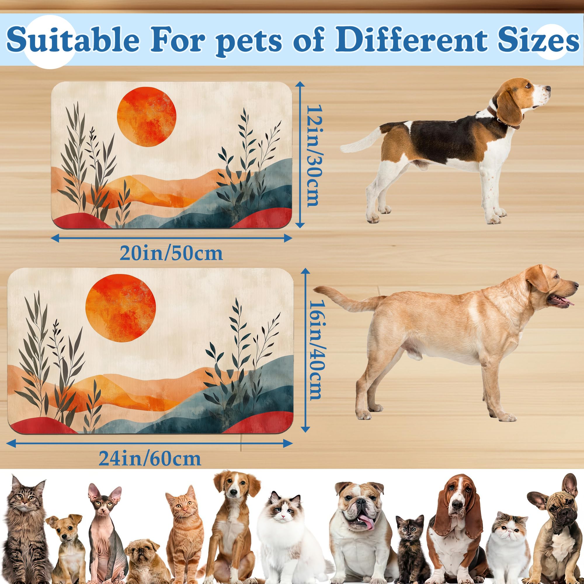 Boho Mountain Sun Pet Food Mat for Cats and Dogs–Absorbent Quick Dry Feeding Placemat, Non Slip Rubber Base, Waterproof Bowl Mat for Indoor Use, Pet Supplies 12"x20"