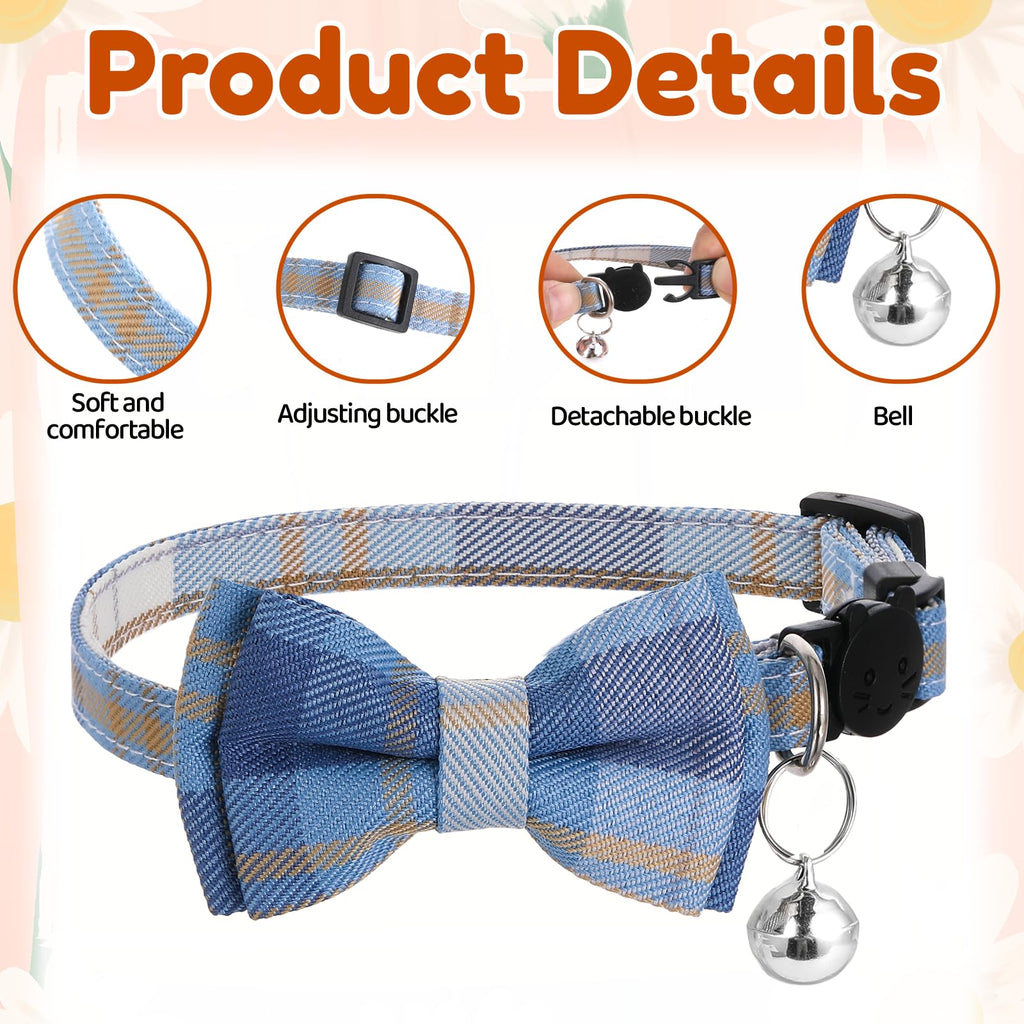 Xyembu 2Pcs Cat Collar Breakaway, Cute Plaid Cats Collar with Bells Soft Adjustable Kitten Accessories, Cat Bowtie Collar with Cat Buckle for Kitten Puppy and Small Pets