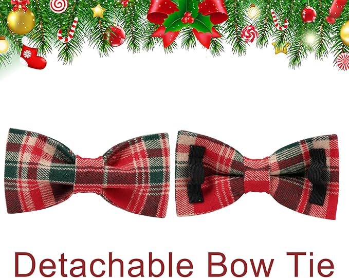 UP URARA PUP Christmas Plaid Dog Collar with Bow Tie– Adjustable Red & Green Checkered Dog Collar for Small Medium Large Dogs, Soft Xmas Plaid Puppy Collars with Quick Release Buckle XS