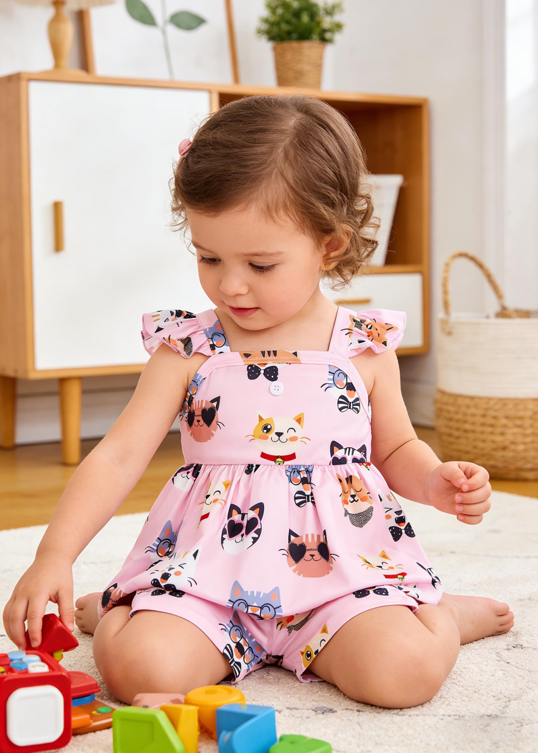 Popshion Girls Summer 2 Piece Outfit Toddler Girl Cat Clothes Cat Ruffle SleeveShirt Top + Shorts Kitten Short Set Cute Baby Girls Clothing Set Size 4t/2234