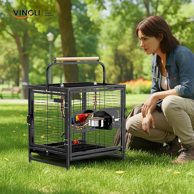 VINGLI Small Bird Cage, 19 inch Travel Carrier Bird Cage with Handle, Wrought Iron Parakeet Cage with Wooden Perch for Parrot Lovebirds Finches Small/Medium Birds (Hammertone Black)