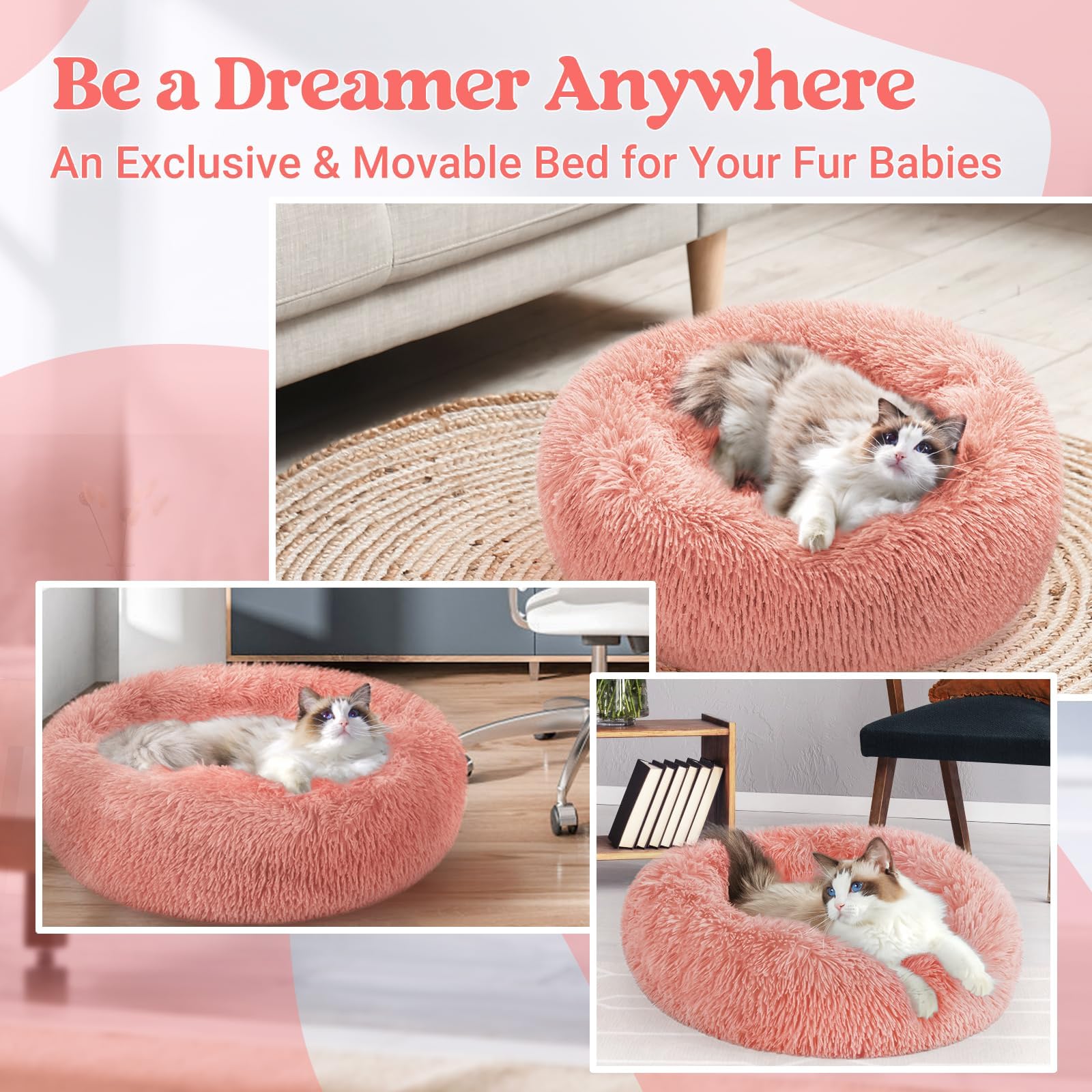 rabbitgoo Calming Cat Beds for Indoor Cats, 20 inches, Pink