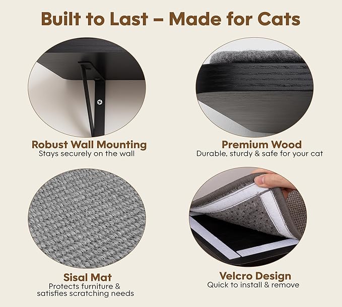 Cat Wall Shelf Window Perch, Cats Bed Hammock with Scratching Pad, Cat Shelf for Climbing Sleeping Playing,Black Furniture for Indoor Large Cats