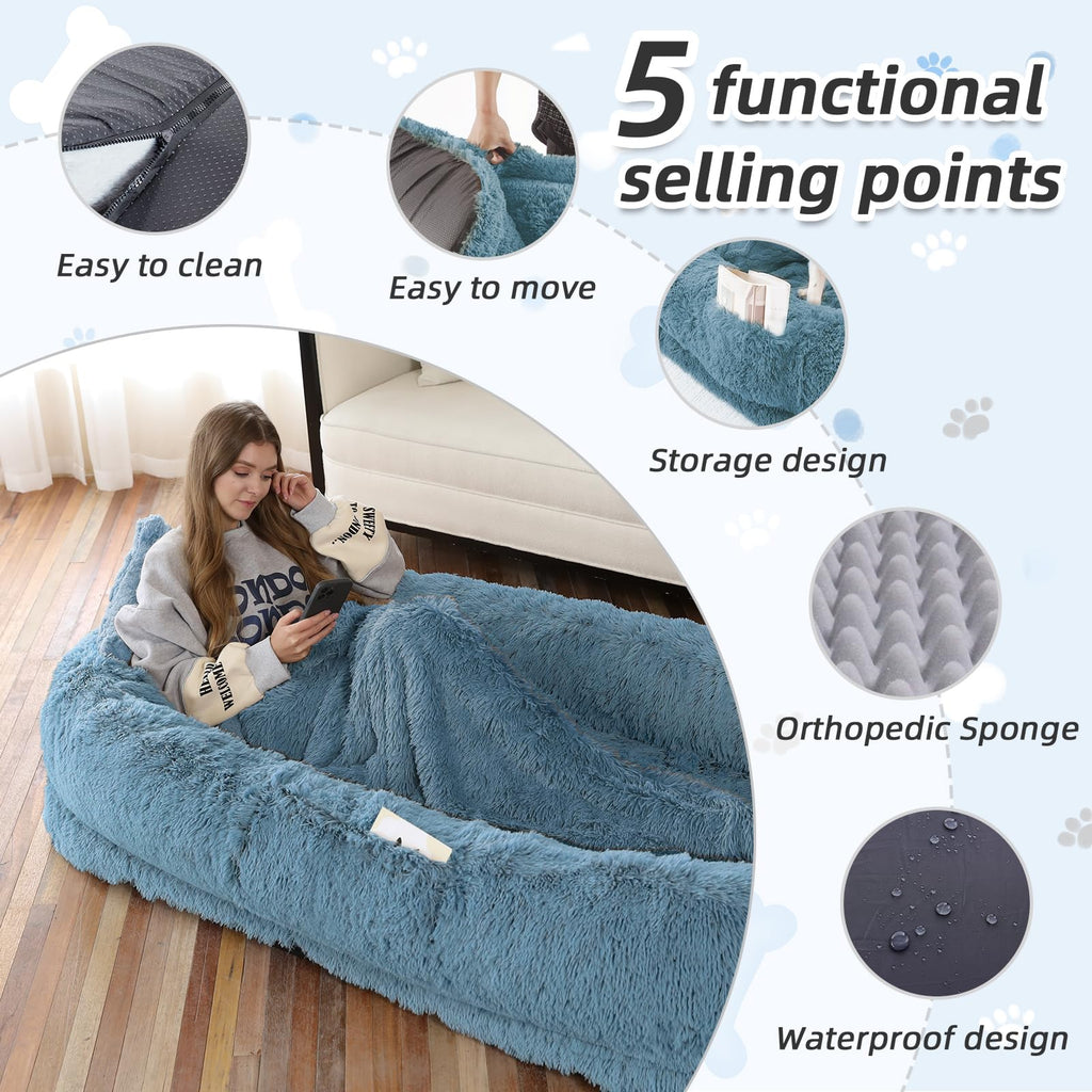 WROS Human Dog Bed, 71"x45"x12" Size Fits You and Pets, Washable Faux Fur Pet Bed for People Doze Off, Napping Orthopedic Dog Bed, Present Plump Pillow, Blanket, Strap - Navy
