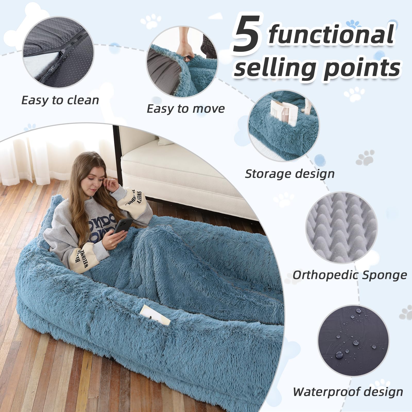 WROS Human Dog Bed, 71"x45"x12" Size Fits You and Pets, Washable Faux Fur Pet Bed for People Doze Off, Napping Orthopedic Dog Bed, Present Plump Pillow, Blanket, Strap - Navy