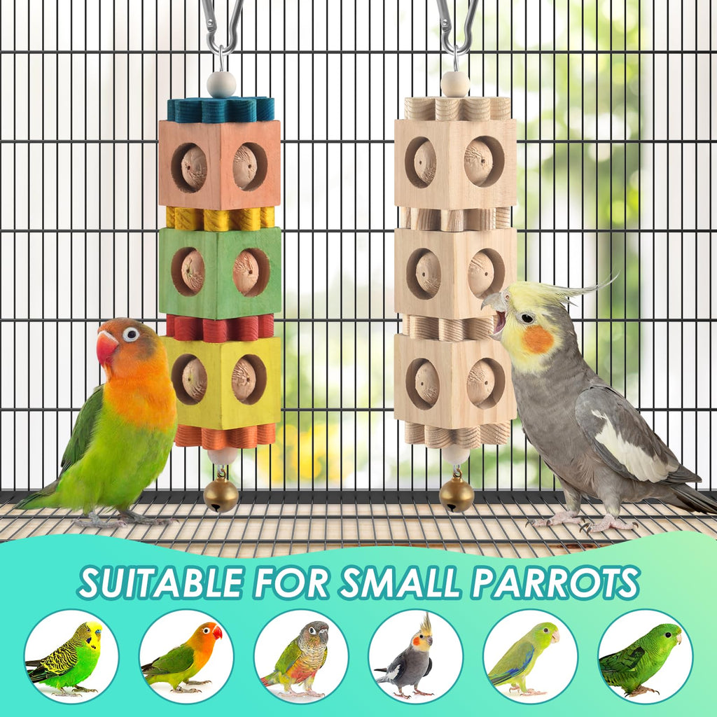 DBNESS 2 PCS Bird Chew Toys, Hanging Wood Parrot Toys with Bell, Beak Grinding & Foraging Bird Cage Toys for Small to Medium Parakeet Conure Cockatiel Caique Budgie