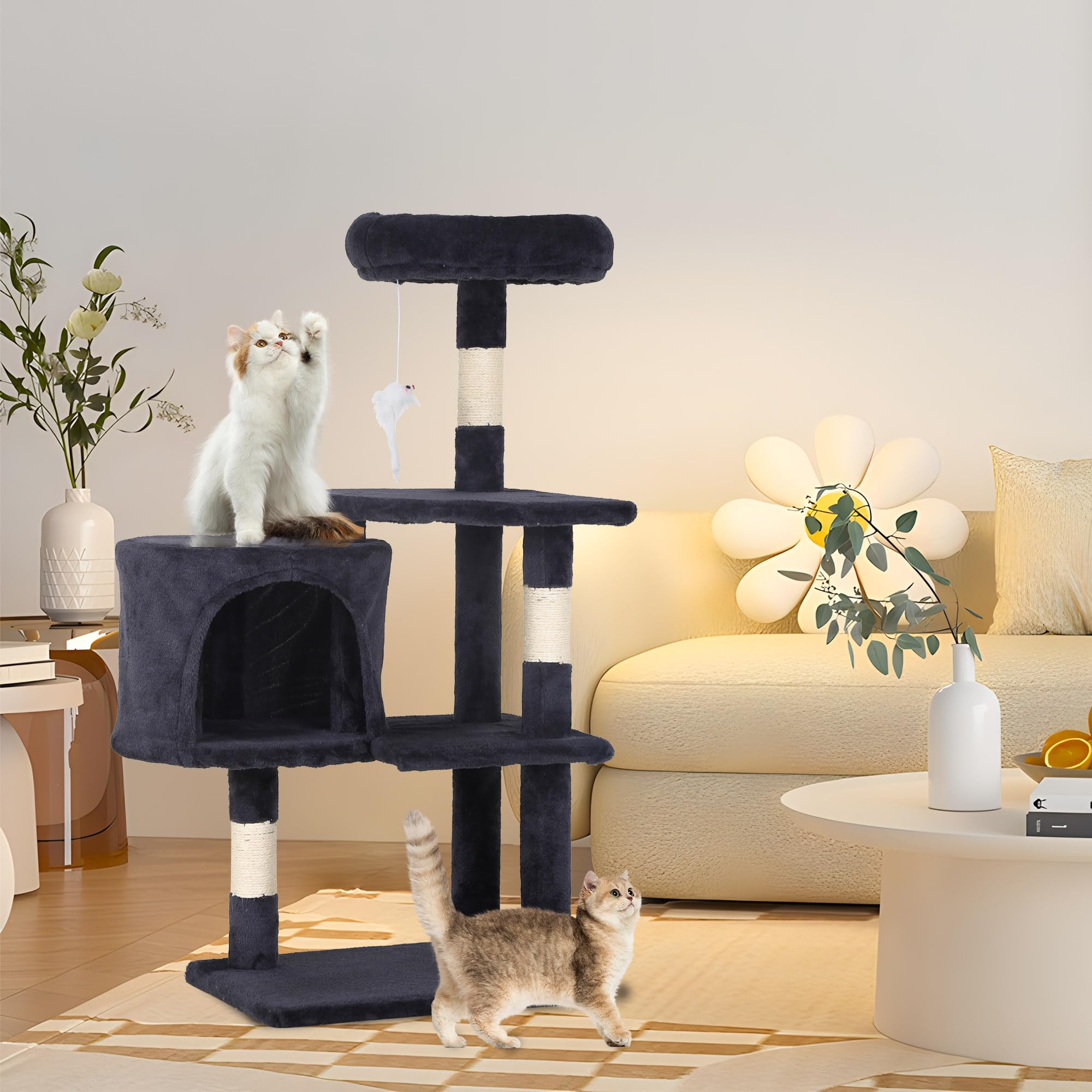 FDW | 36" Cat Tree Tower | Dark Gray | Multi-Level Indoor Activity Center with Sisal Scratching Posts, Condos, Plush Perches, Hanging Cat Toys | Sturdy, Easy to Assemble | for Kittens & Adult Cats