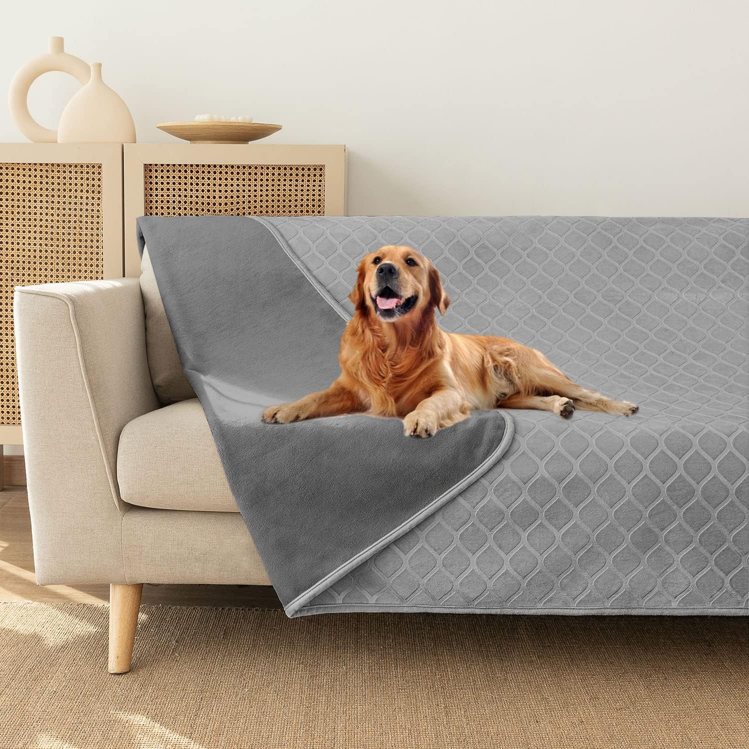 fuguitex Waterproof Dog Blanket Bed Cover Dog Crystal Velvet Moroccan Fuzzy Cozy Plush Pet Blanket Throw Blanket for Couch Sofa(82 * 102 inch, Light Grey+Grey)