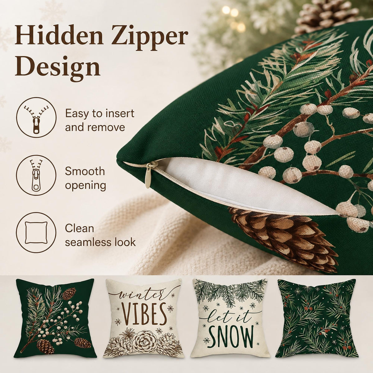 Fahrendom Winter Vibes Green Decorative Throw Pillow Covers