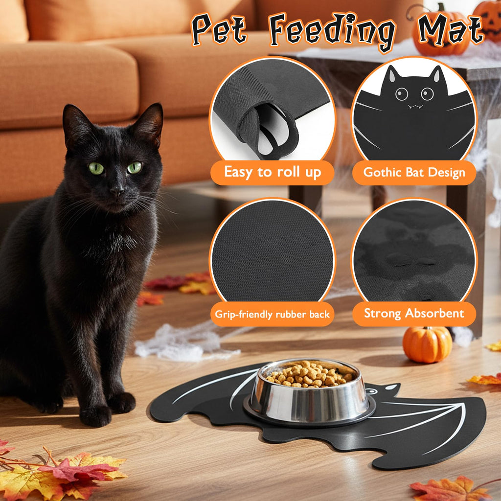 Pet Mat for Food and Water, Absorbent Non-Slip Quick Dry Dog Food Mat for Dog Cat Bowl Indoor Outdoor Pet Dining Gift Halloween Decorations (11.8 * 19.68in, Bat)