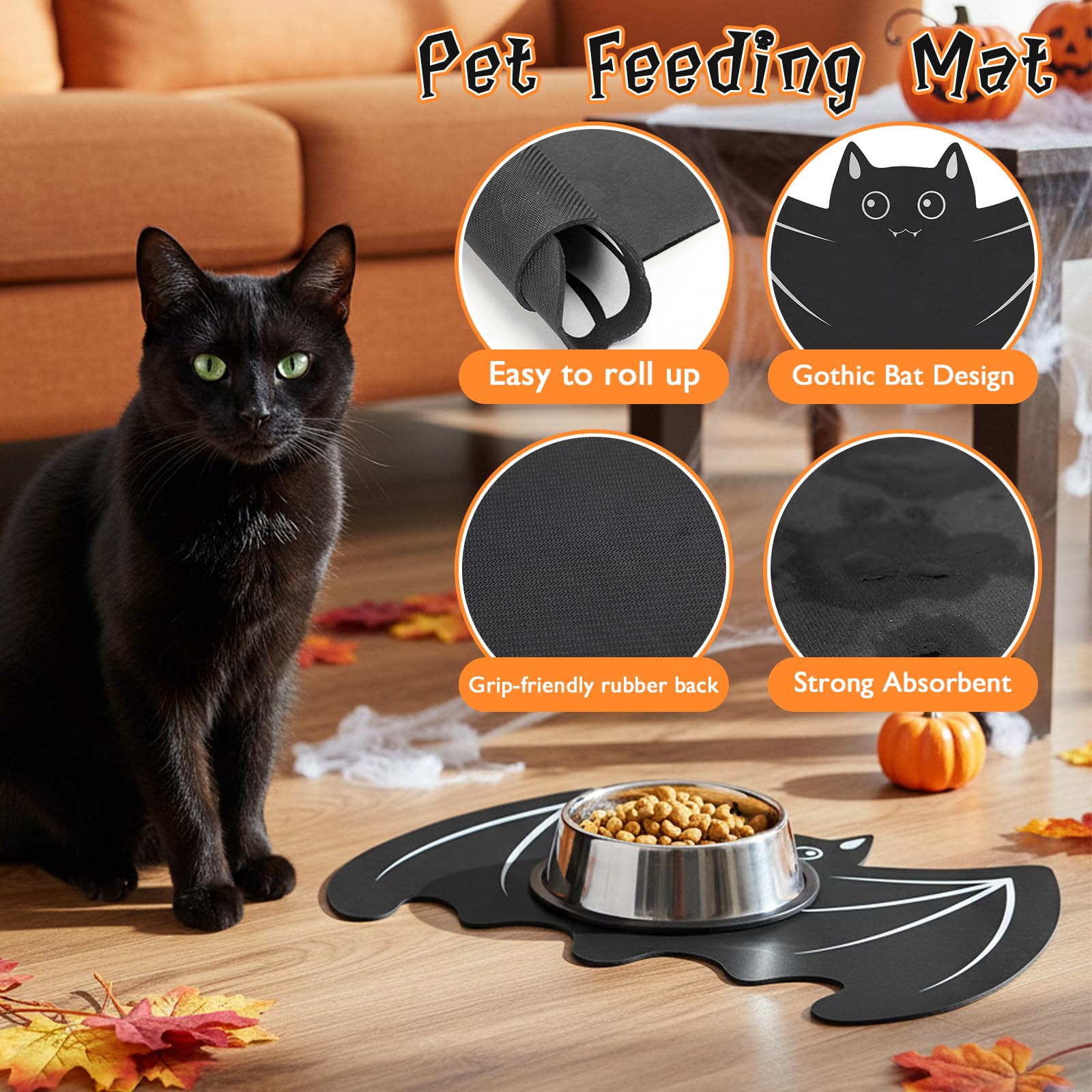 Pet Mat for Food and Water, Absorbent Non-Slip Quick Dry Dog Food Mat for Dog Cat Bowl Indoor Outdoor Pet Dining Gift Halloween Decorations (11.8 * 19.68in, Bat)
