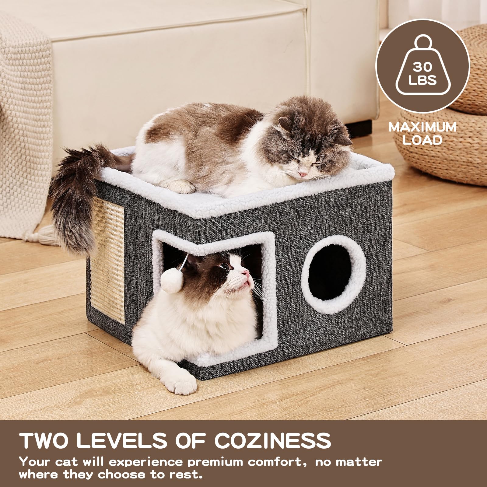 Crispedia Large Cat Houses for Indoor Cats with Fluffy Ball and Scratch Pad
