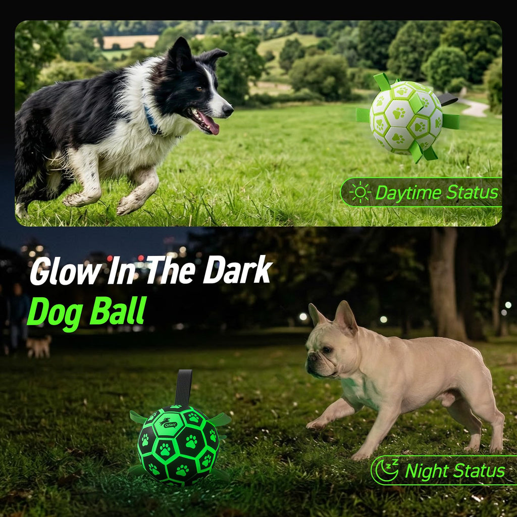 QDAN Glow in The Dark Dog Toys Soccer Ball with Straps, Outdoor Interactive Dog Toys Puppy Birthday Gifts, Dog Tug Water Toy, Light Up Dog Balls for Small & Medium Dogs（6 Inch Size 2）