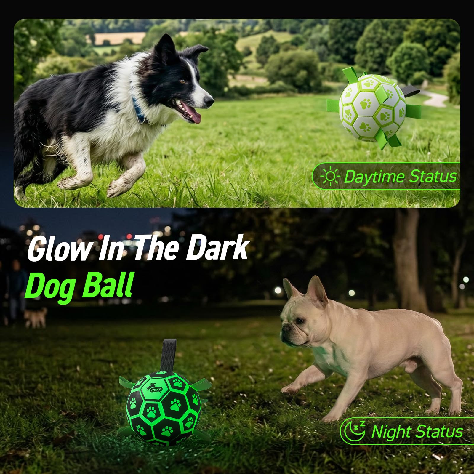 QDAN Glow in The Dark Dog Toys Soccer Ball with Straps, Outdoor Interactive Dog Toys Puppy Birthday Gifts, Dog Tug Water Toy, Light Up Dog Balls for Small & Medium Dogs（6 Inch Size 2）