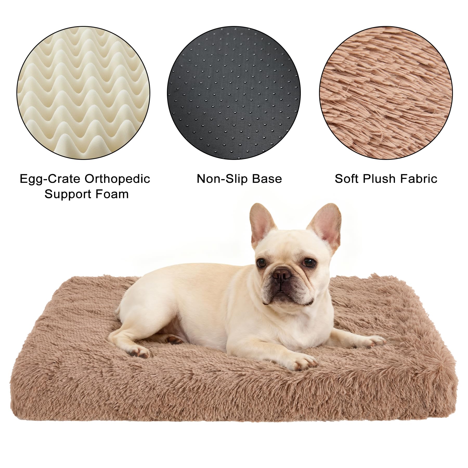 Fluffy Orthopedic Dog Beds for Large Dogs with Washable Removable Cover Dog Crate Bed Egg Crate Foam Support Plush Pet Pad Mat with Anti-Slip Bottom (42 * 28,Khaki)