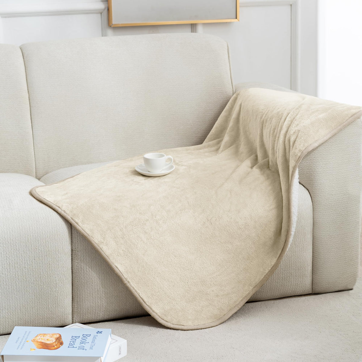gogobunny Waterproof Bed Blanket, Reversible Sherpa Fleece Throw Blanket for Dog Puppy Cat, Furniture Cover Protects Bed Couch Sofa from Liquid Pee and Pet Fur (Cream, 90x108 inches)