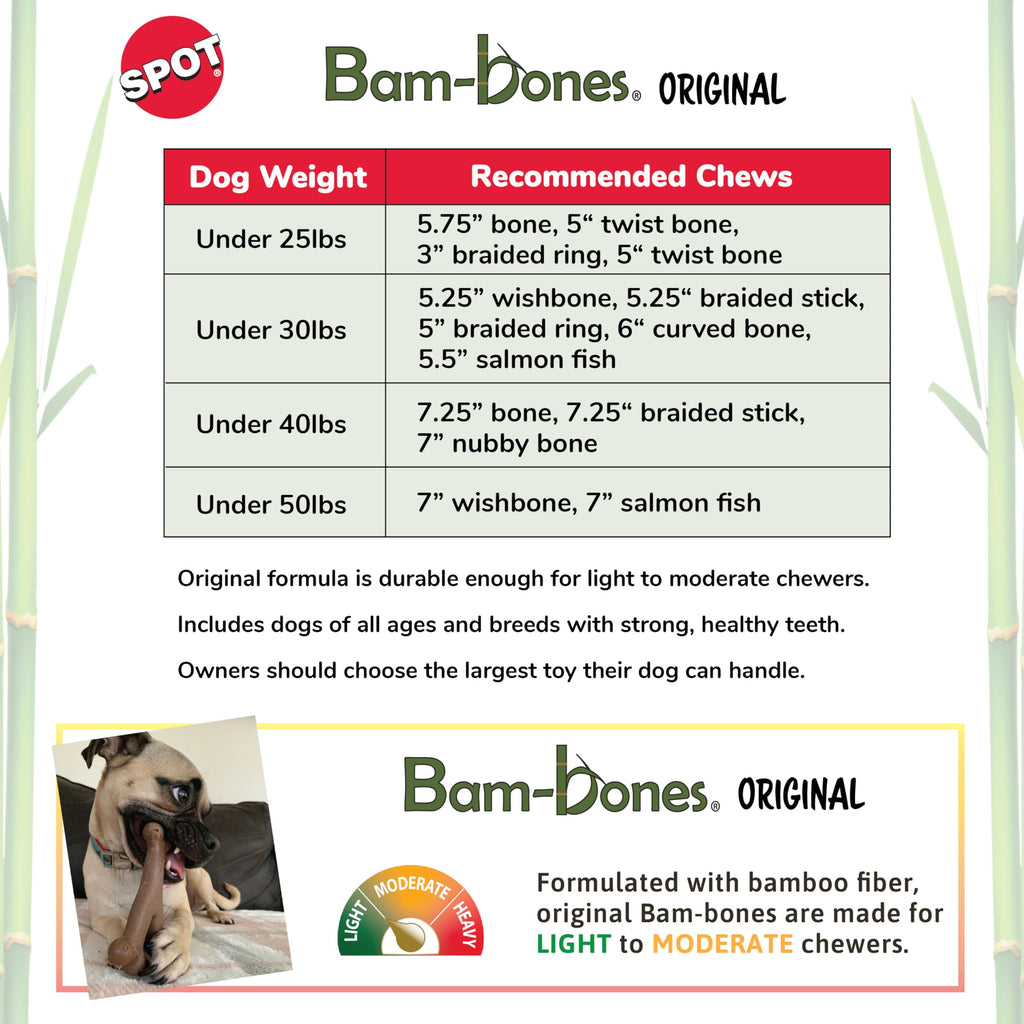 SPOT Bam-Bones Fish - Made with Strong Bamboo Fiber, Durable Long Lasting Dog Bone for Light to Moderate Chewers, Great Chew Toy for Adult Dogs & Teething Puppies Under 30lbs, 5.5in, Salmon Flavor