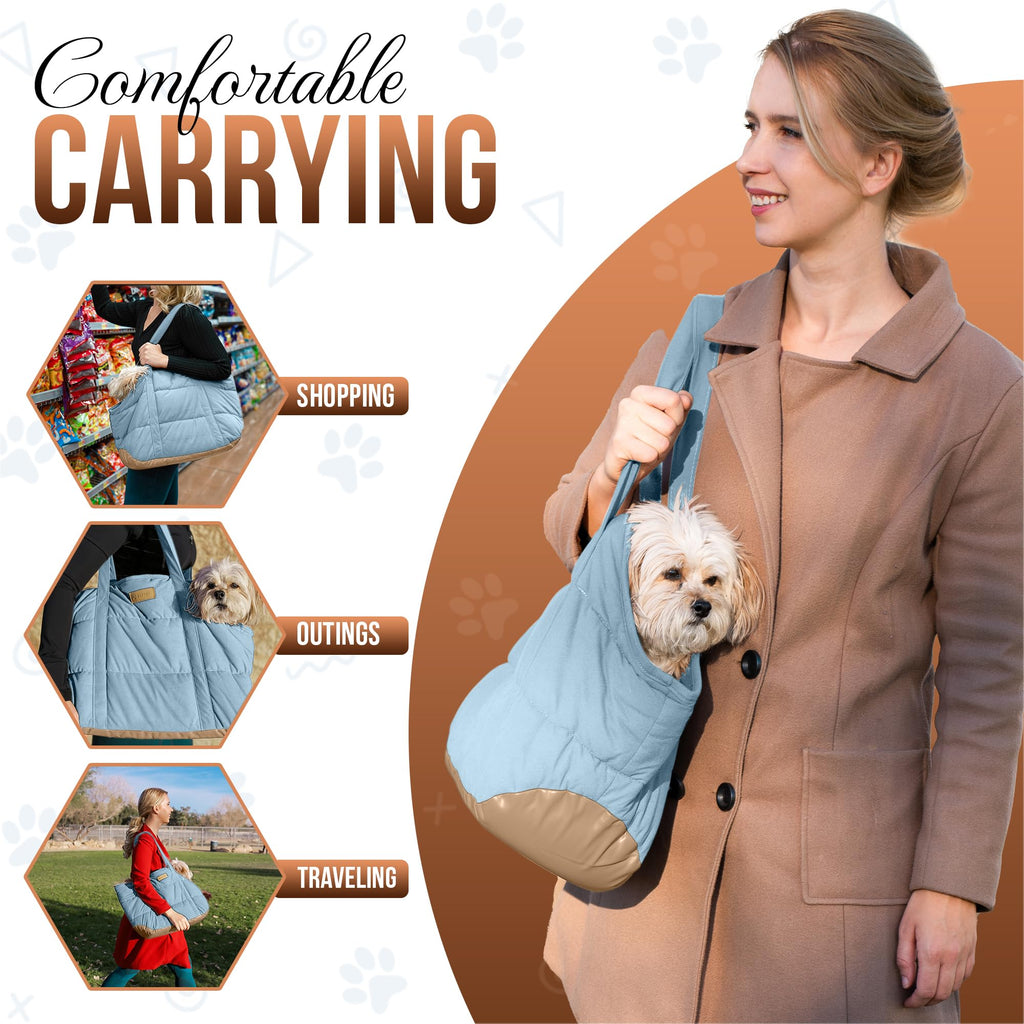 NoblePup Plush Dog Purse Carrier for Small Dogs, Soft Dog Tote Bag with Safety Harness Clip, Cozy Pet Carrier for Dogs Under 15 lbs, Comfortable Dog Shoulder Carrier for Travel, Light Blue