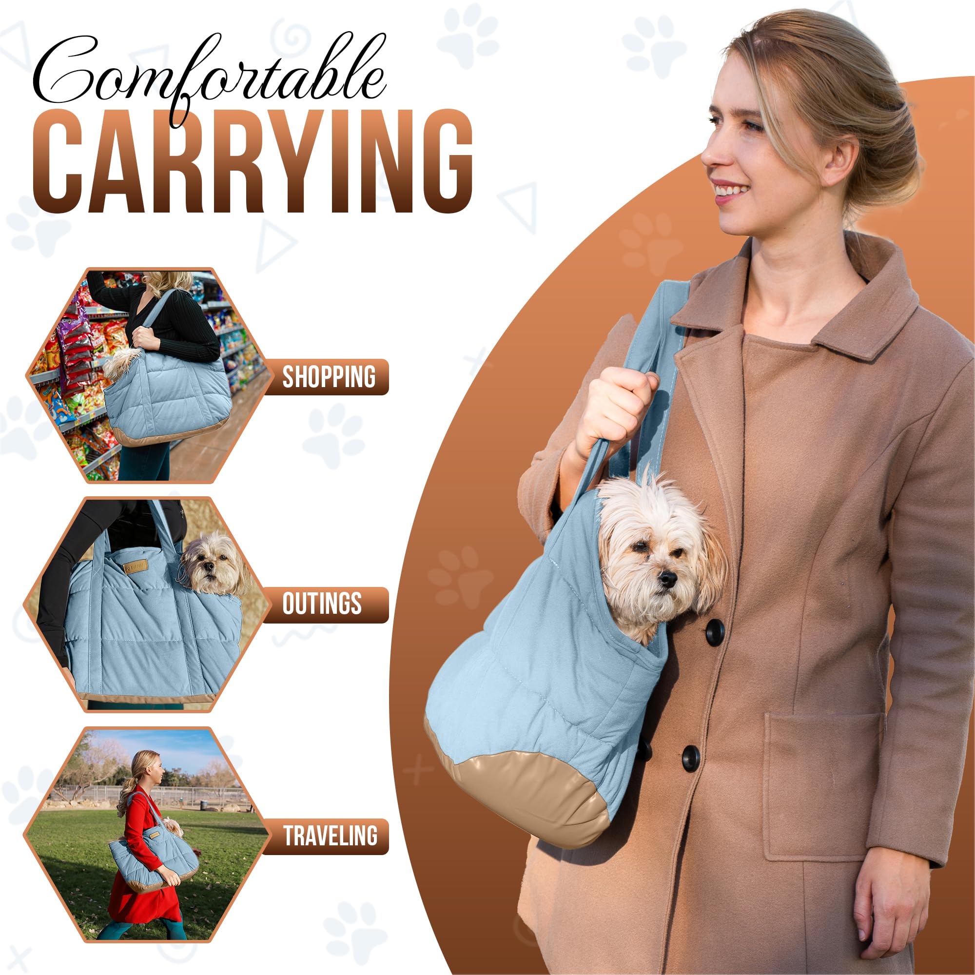 NoblePup Plush Dog Purse Carrier for Small Dogs, Soft Dog Tote Bag with Safety Harness Clip, Cozy Pet Carrier for Dogs Under 15 lbs, Comfortable Dog Shoulder Carrier for Travel, Light Blue