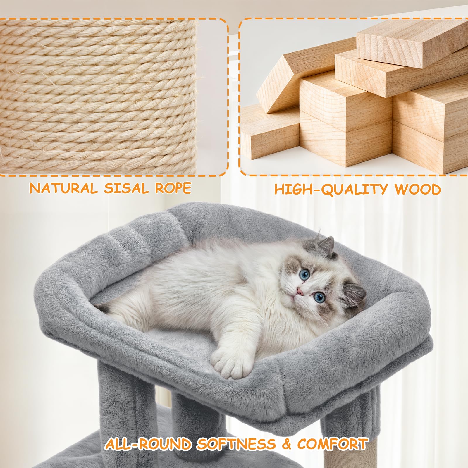 Polias 36-Inch Cat Tree Tower for Small and Medium Indoor Cats, Multi-Level Cat Furniture with Sisal Scratching Posts, Hammock, Condo & Scratching Board, Light Gray
