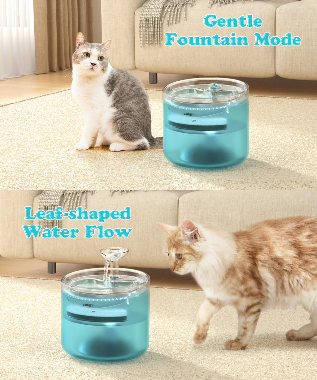 NPET WF100 Cat Foutain, 54oz/1.6L Automatic Pet Water Fountain Dog Water Dispenser with 2 Flow Modes, Bottom Suction LED Light Quiet Pump for for Cats & Small Dogs