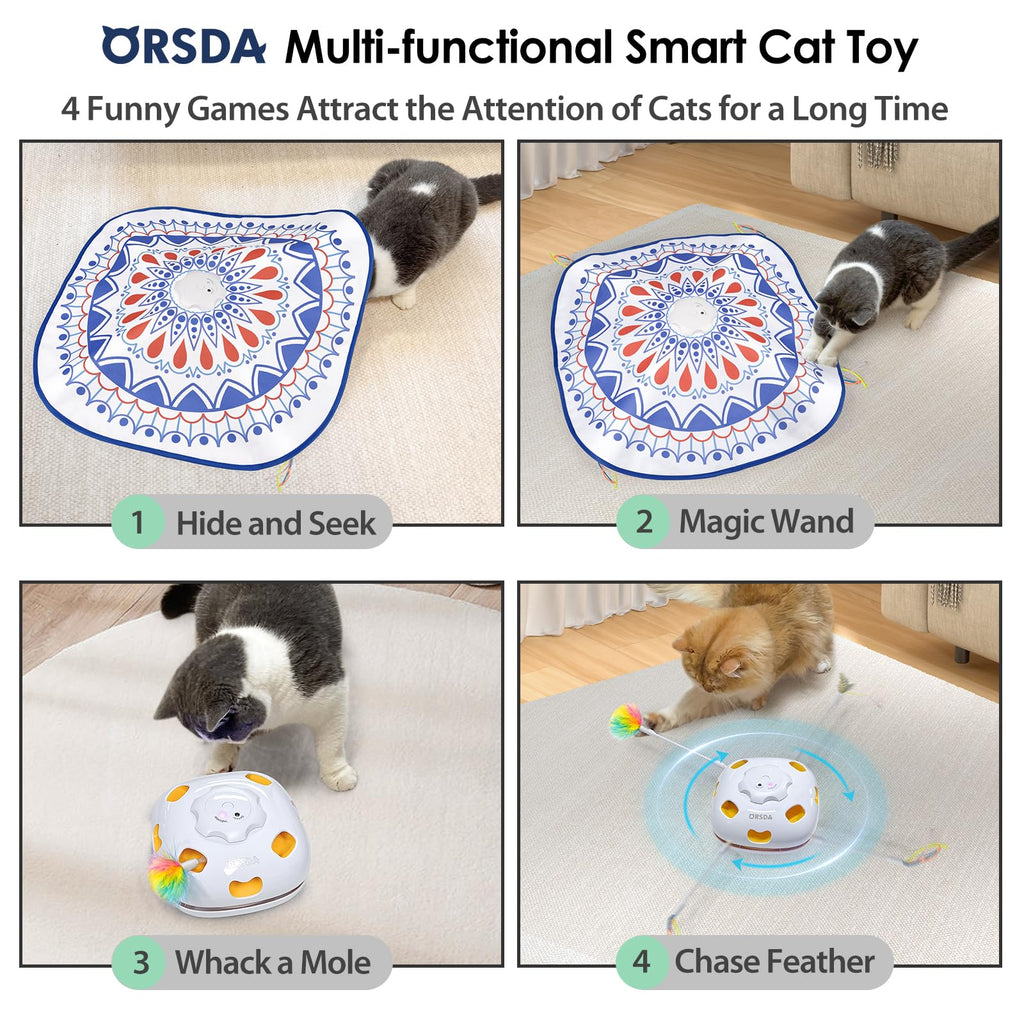 ORSDA Cat Toys, 4 in 1 Interactive Cat Toys for Indoor Kitten, Automatic Electric Enrichment Hide and Seek, Chase the Feather, 8 Holes Mice Whack-A-Mole, Catch Magic Wand
