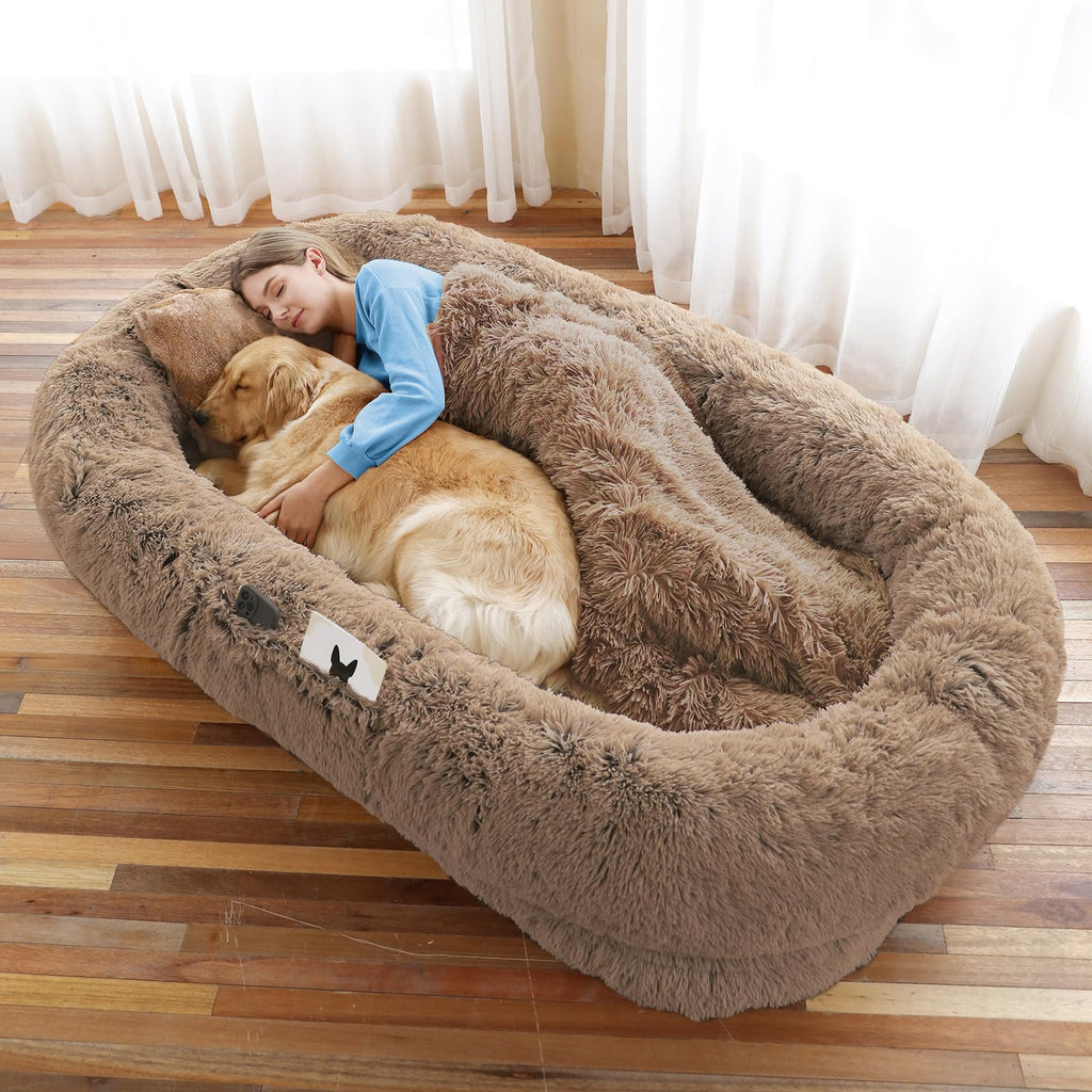 WROS Human Dog Bed, Large Dog Beds for Humans Size Fits You and Pets, Washable Faux Fur Orthopedic Human Pet Bed for People Doze Off, Napping, Present Pillow, Blanket, Strap - Khaki